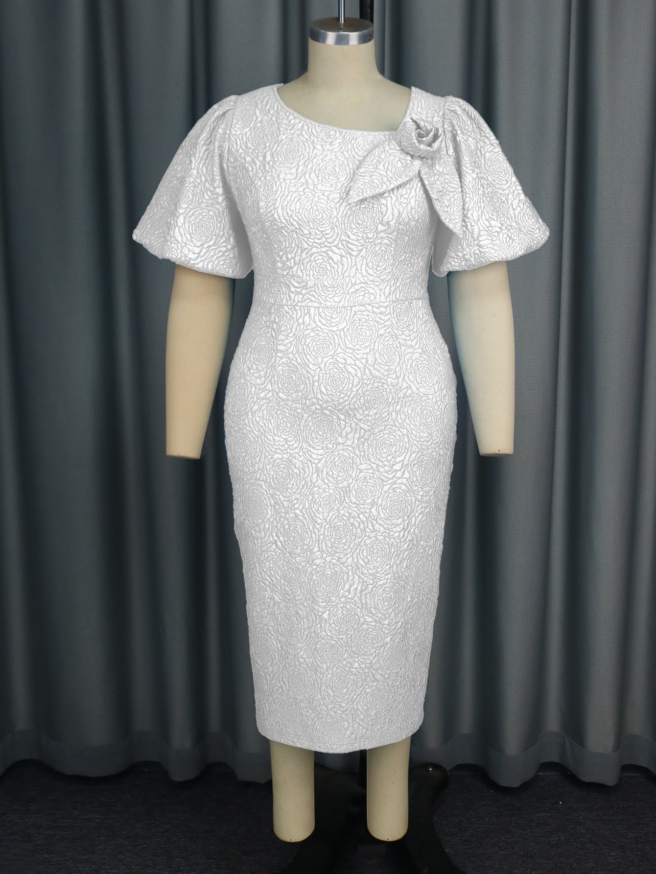 Plus Size Asymmetrical Puff Sleeve High Waist Jacquard Formal Dress 22