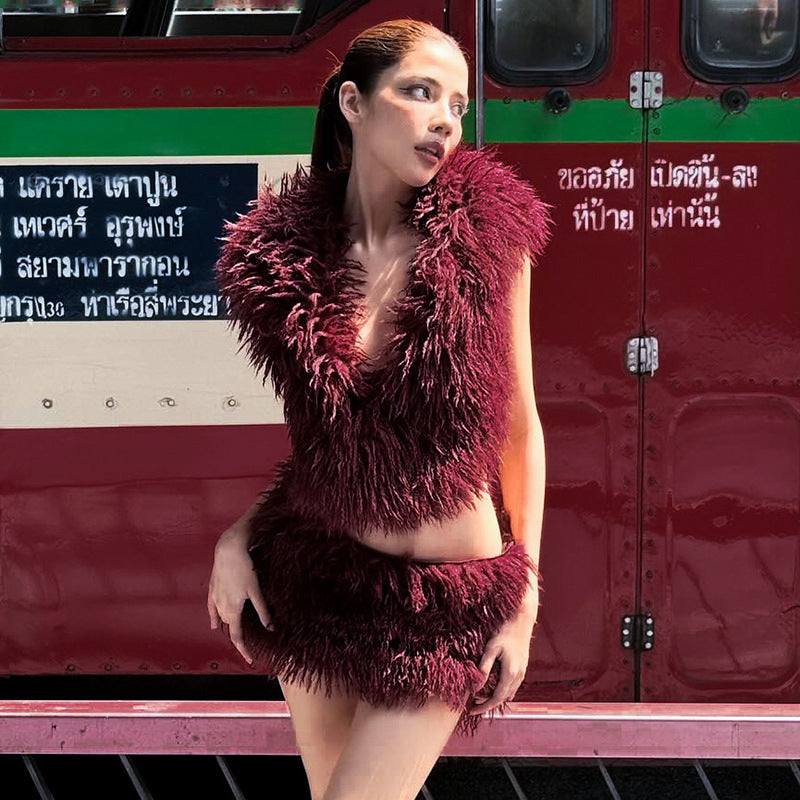 Women's Faux Fur U-Neck Hooded Low Back Top & Skirt Two-Piece Set 27