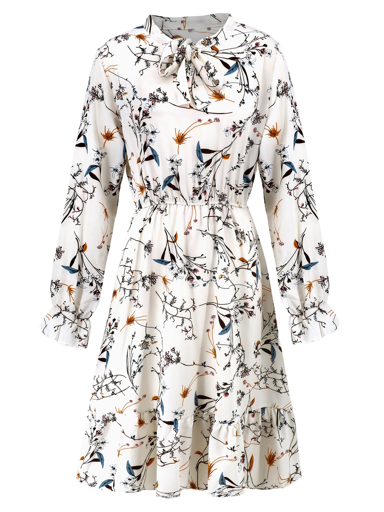 Spring Women's Slim Waist Bell Bottom Long Sleeve Ruffle Floral Dress 18