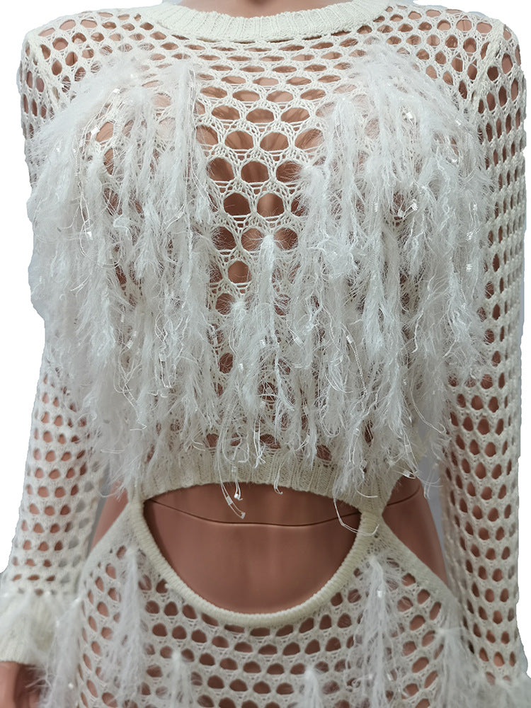 Women's Tassel Knitting Casual Hollow Sequin Beach Long Dress 19