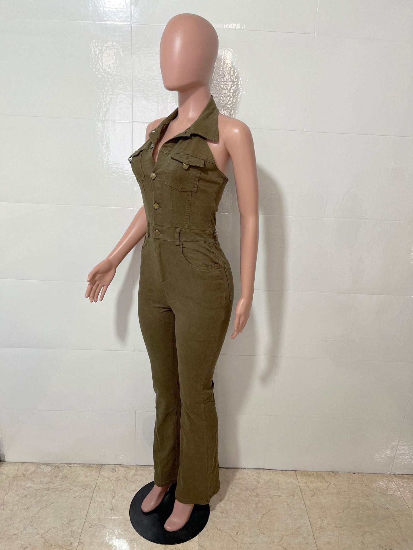 Women Denim Stretch Sexy Backless Turndown Collar Cargo Jumpsuit 8