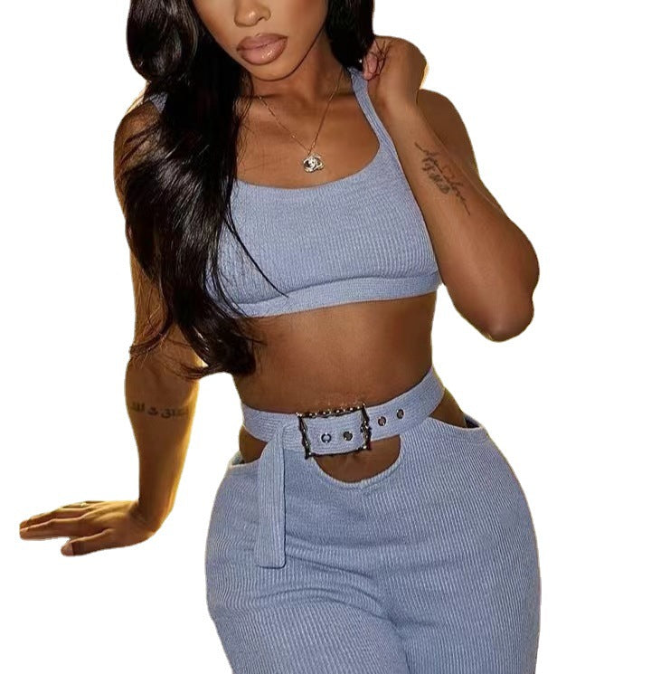 Summer Pants Set Solid Color Chic Career Sleeveless Tank Top Wide Leg Pants Fashion Casual Two-Piece 6