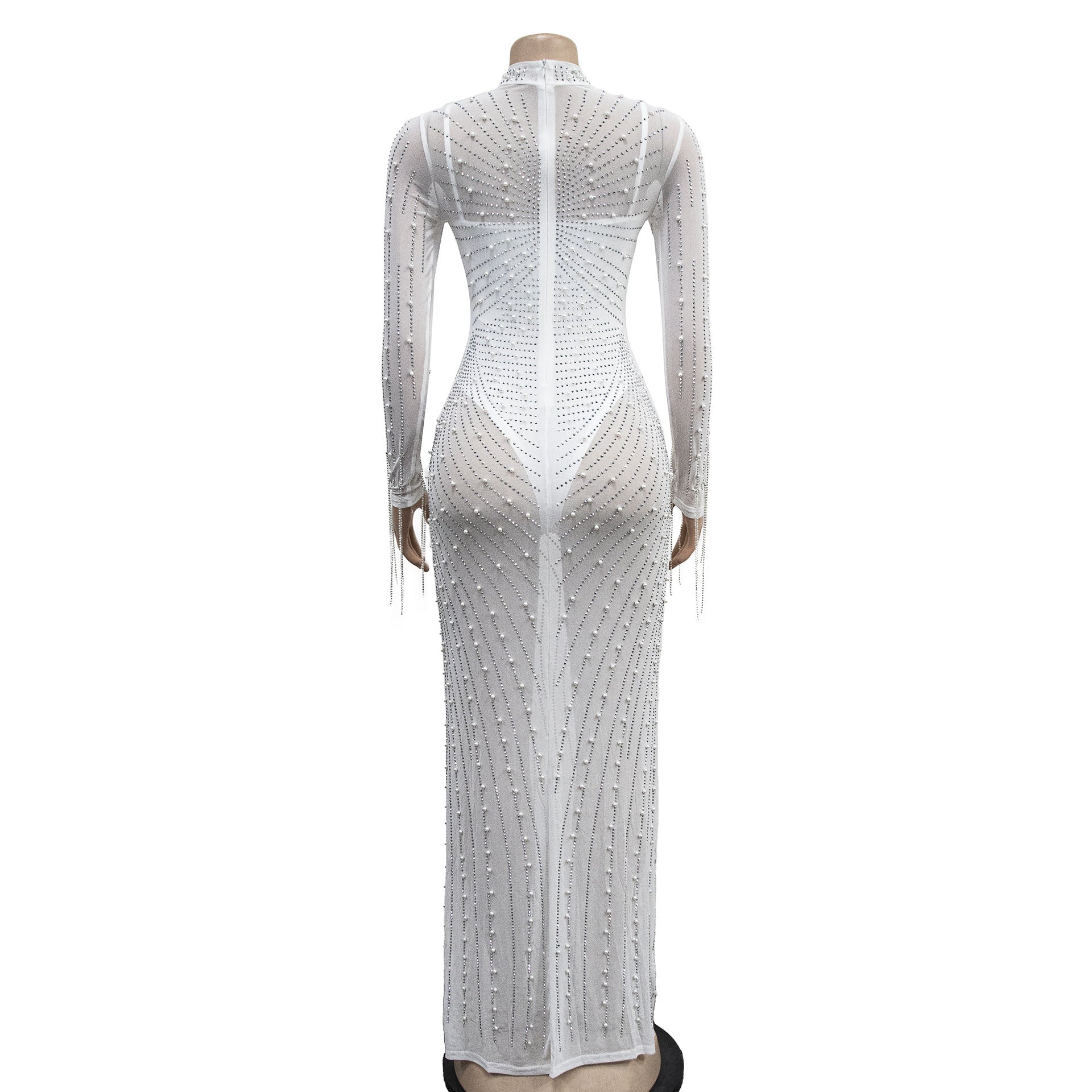 Women Mesh See-Through Beaded Long Sleeve Maxi Dress Set 14