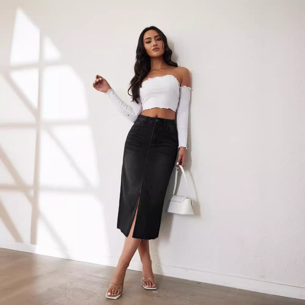 Retro Women's Midi Slit Denim Skirt 6