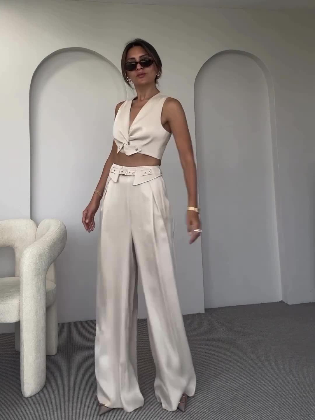 Summer women's solid color v-neck vest wide-leg trousers fashion set 5