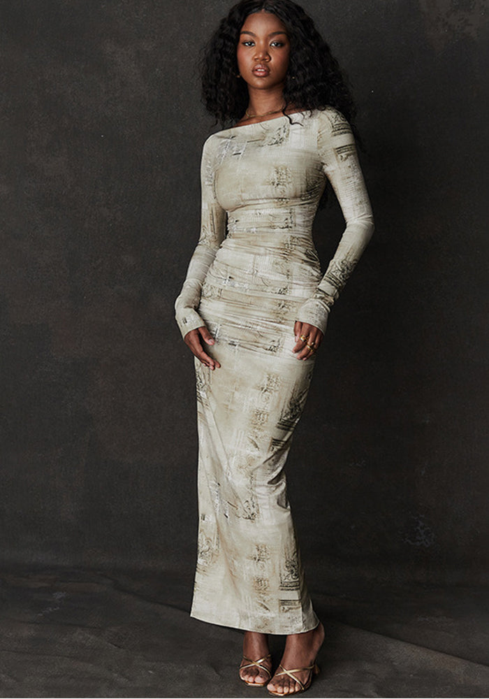 Women Fashion Gathered Printed Dress