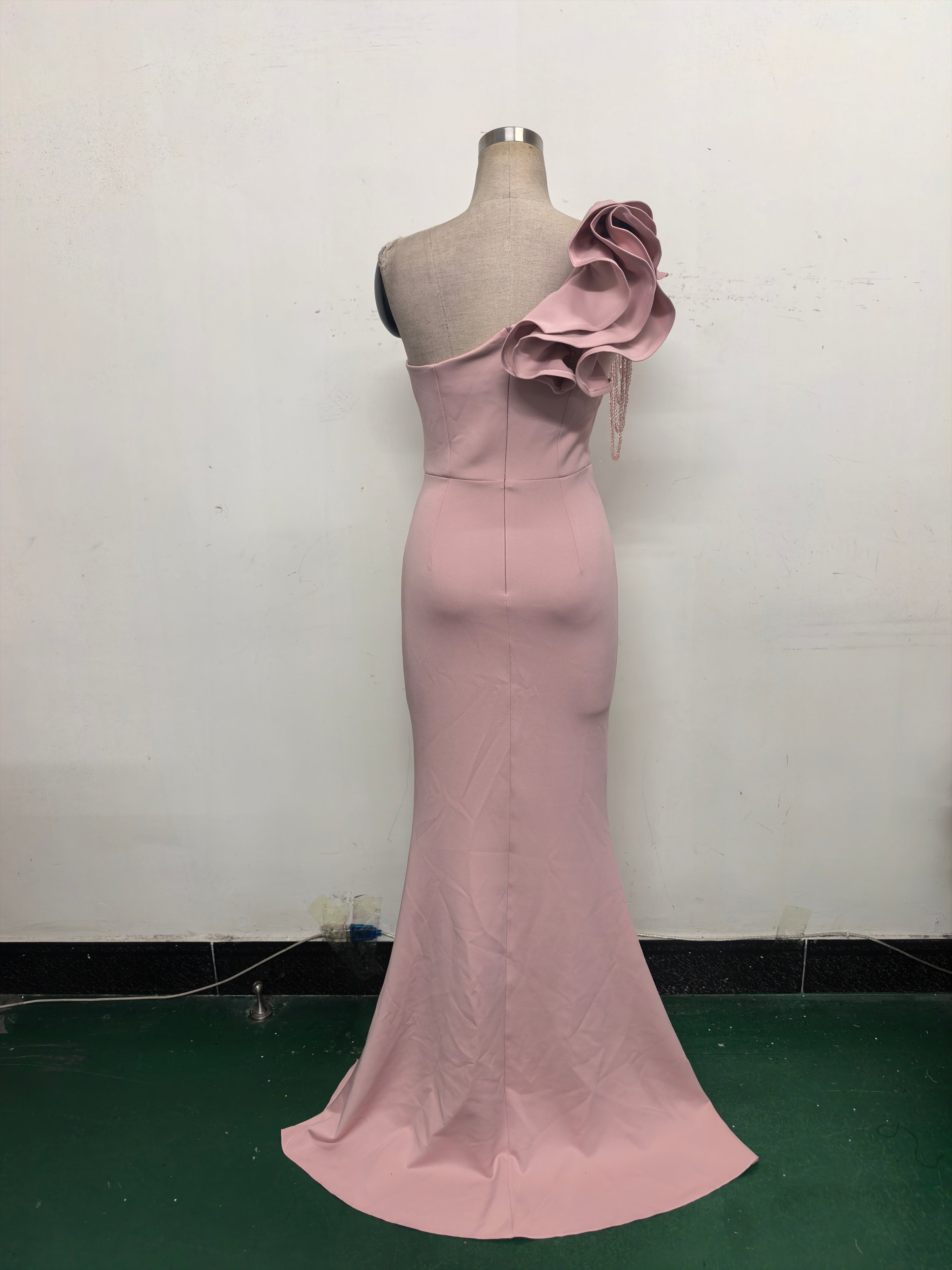 Women One-Shoulder Beaded Wool and Floral Satin Slit Sexy Evening Dress 44