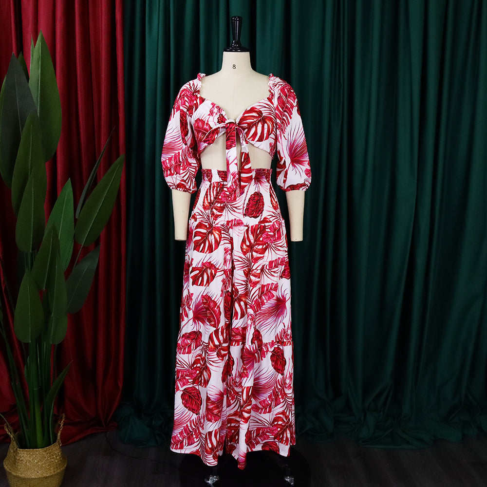 Women Printed V-neck Lace-Up Top + Wide Leg Pants Two-Piece Set 11