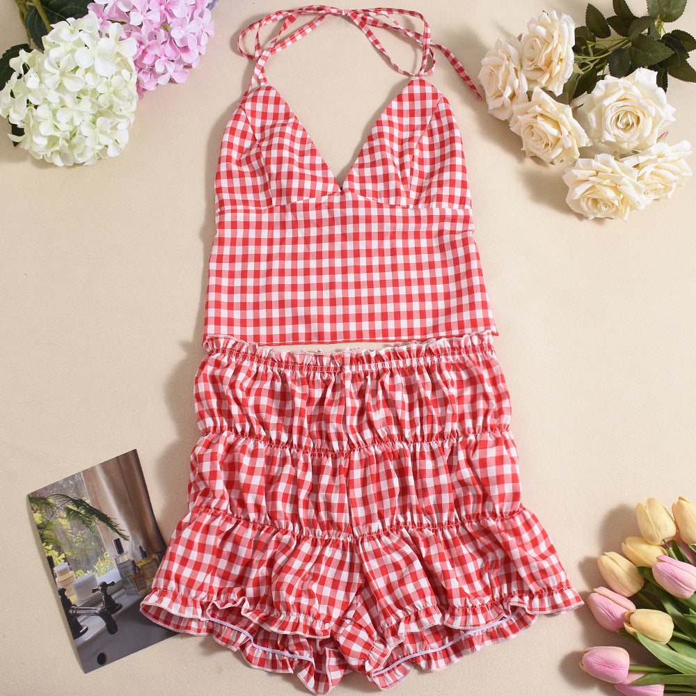 Summer Lace-Up Plaid  Two Piece Shorts Set 10