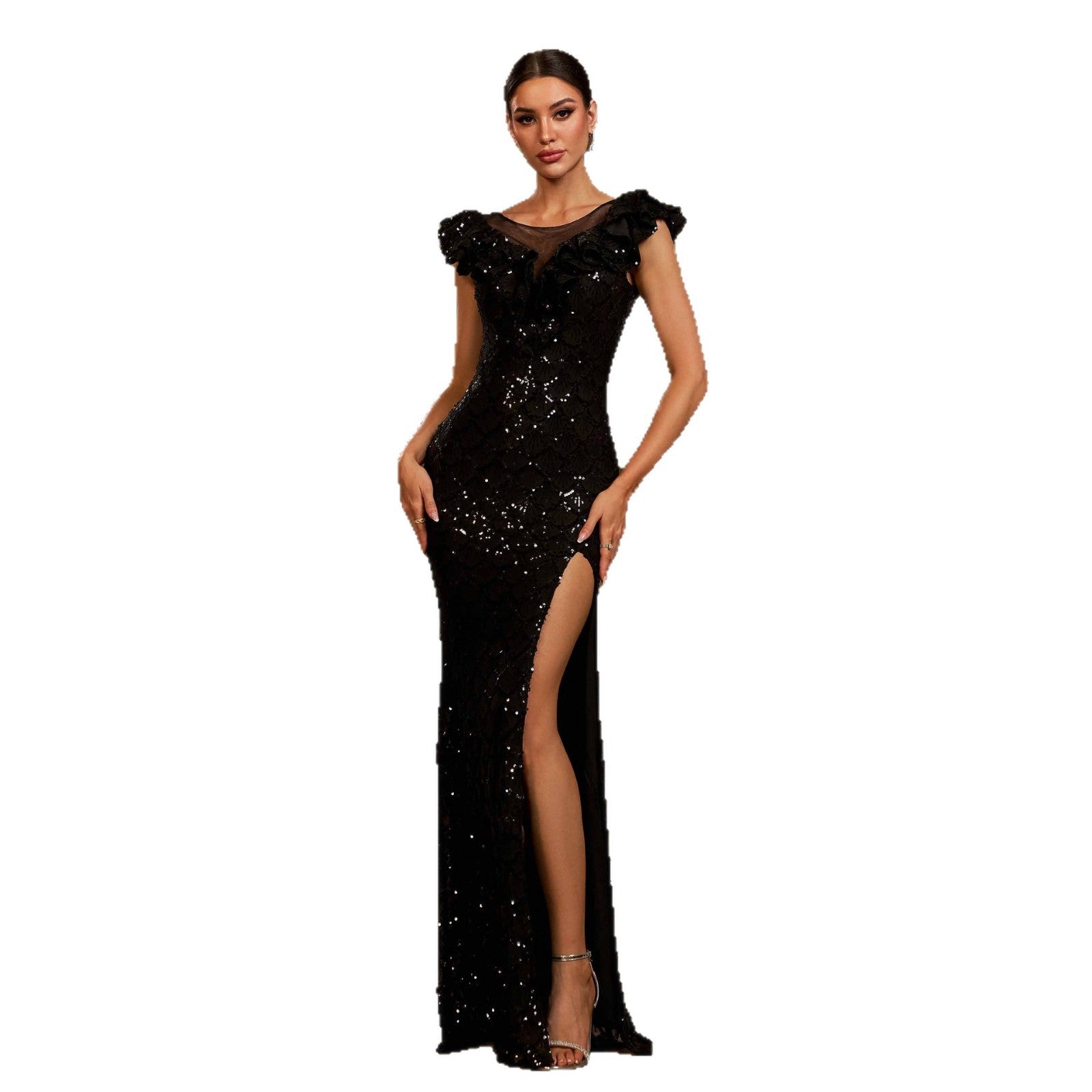 Women Sleeveless Round Neck Sequin Bodycon Formal Party Slit Evening Dress 6