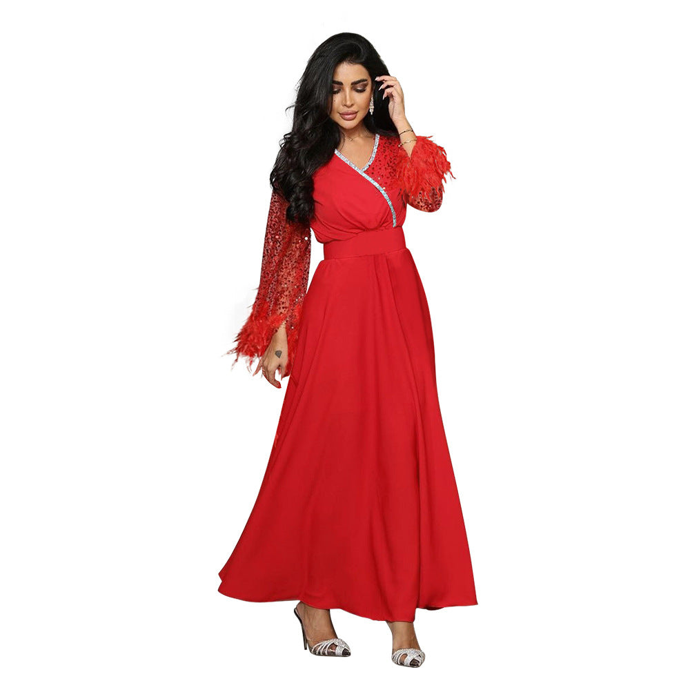 Dubai Arabian Sequin Patchwork Ironed Feather Robe 5