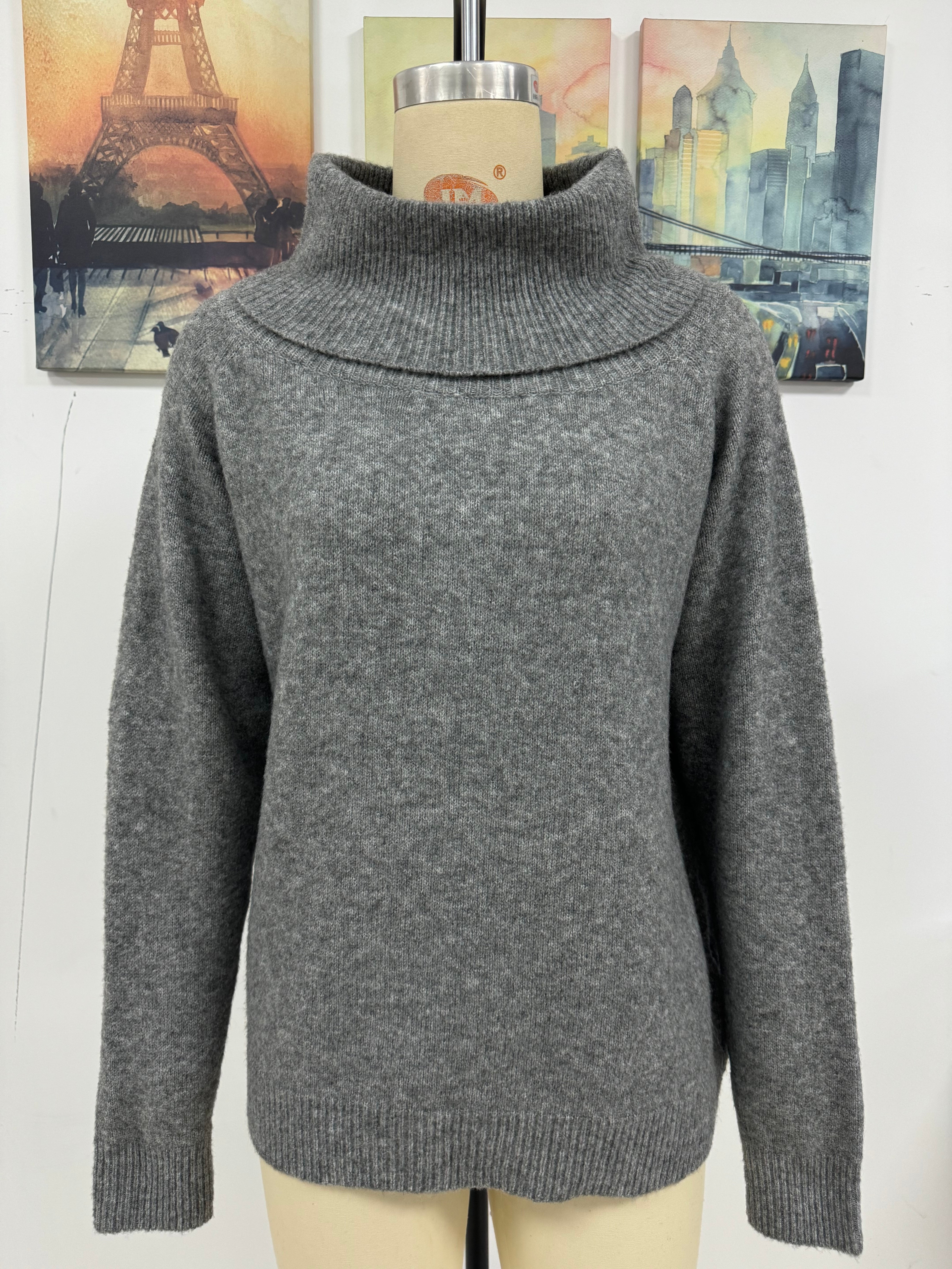 Women Autumn Winter Stacked Collar Solid Color Off Shoulder Loose Sexy Knitting Shirt Long Sleeve Sweater 6