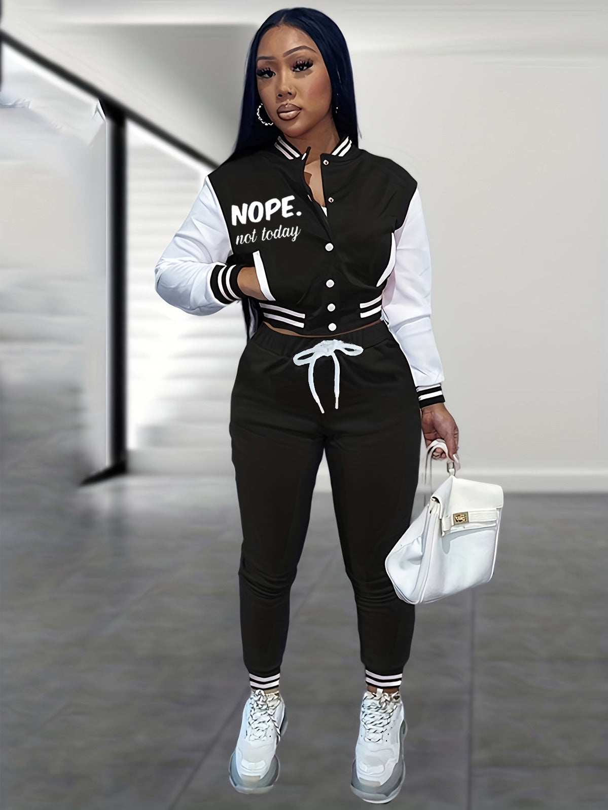 Women Spring Patchwork Print Baseball Jacket and Pants Two Piece Set 4