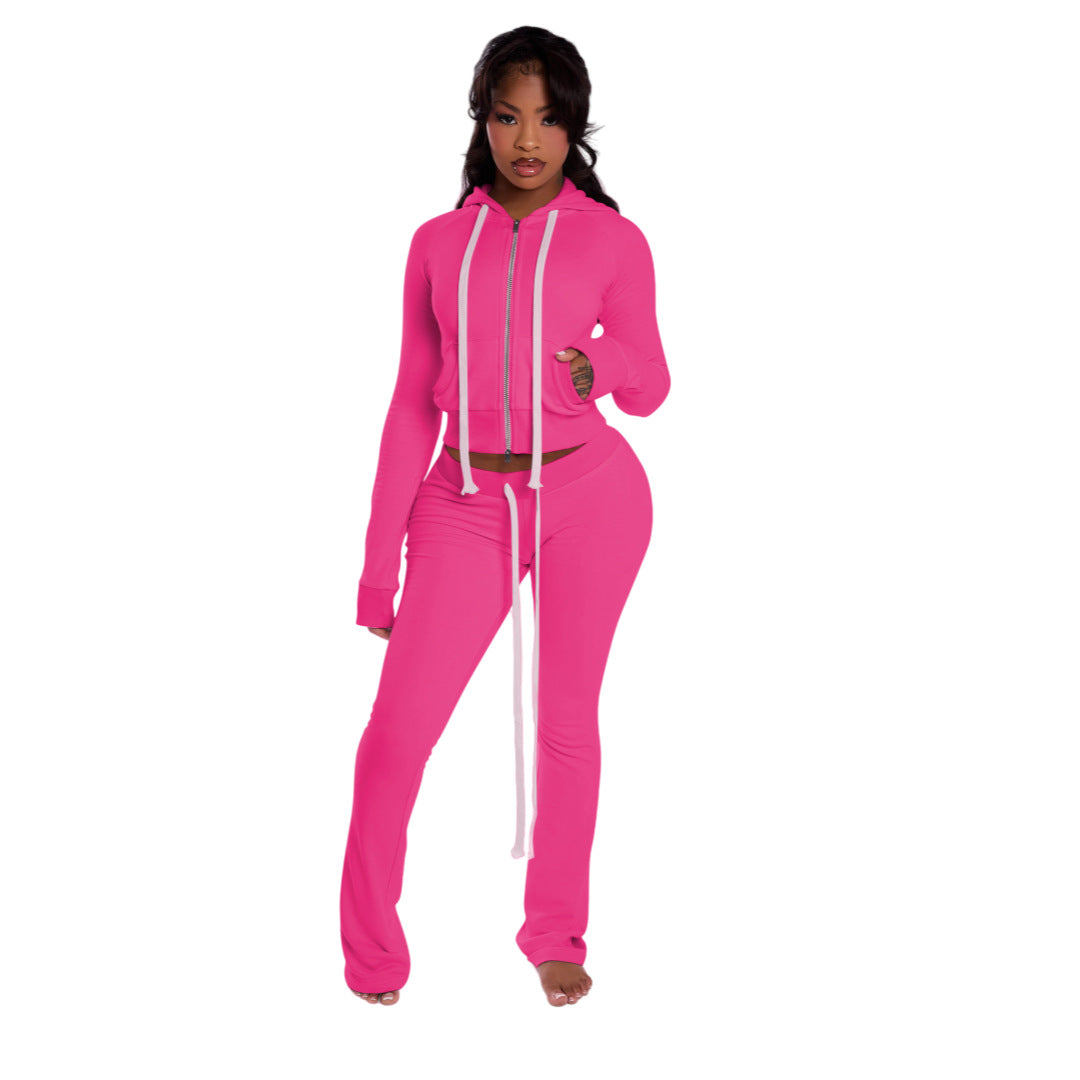 Women Zippered Hooded Top and Pant Two-Piece Set 5