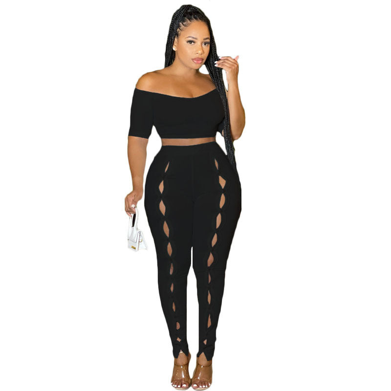 Women Summer Sexy Off Shoulder Short Sleeve Top and Button Pants Two-Piece Set 13