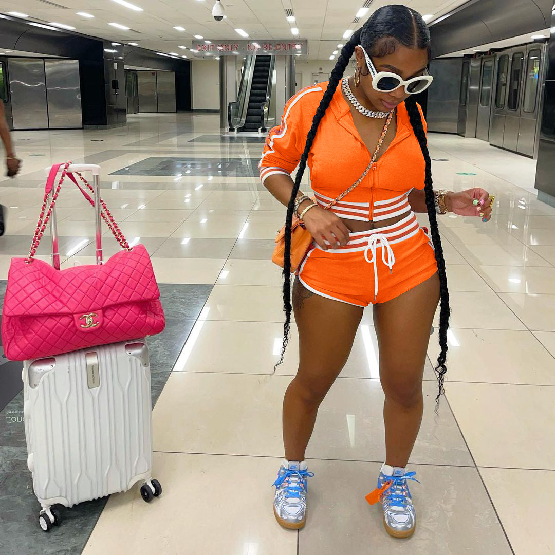 Women's Fashion Striped Patchwork Hooded Long Top Sexy Shorts Sports Two Piece Set