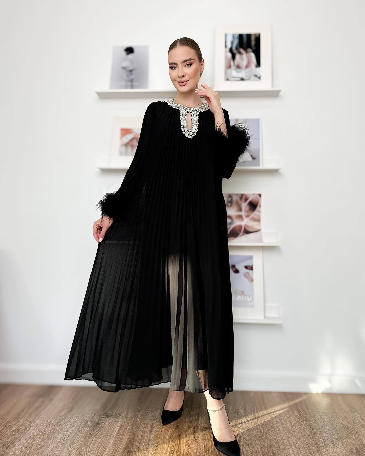 Women Round Neck Diamond Furry Patchwork Pleated Elegant Solid Dress 7