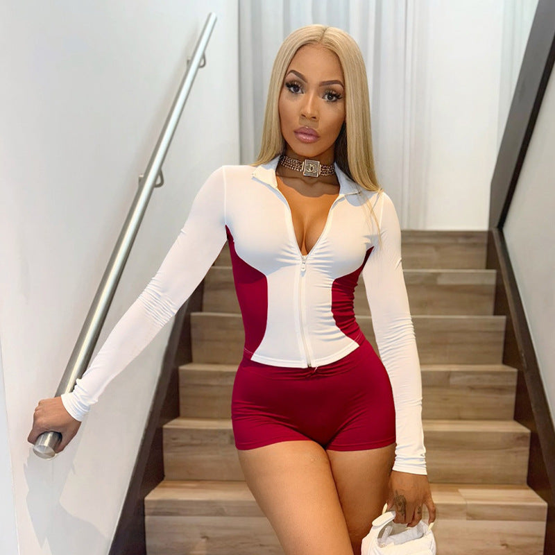 Women Stand Collar Contrast Patchwork Long Sleeve Finger Zipper Top Knot Shorts Two-Piece Set 14