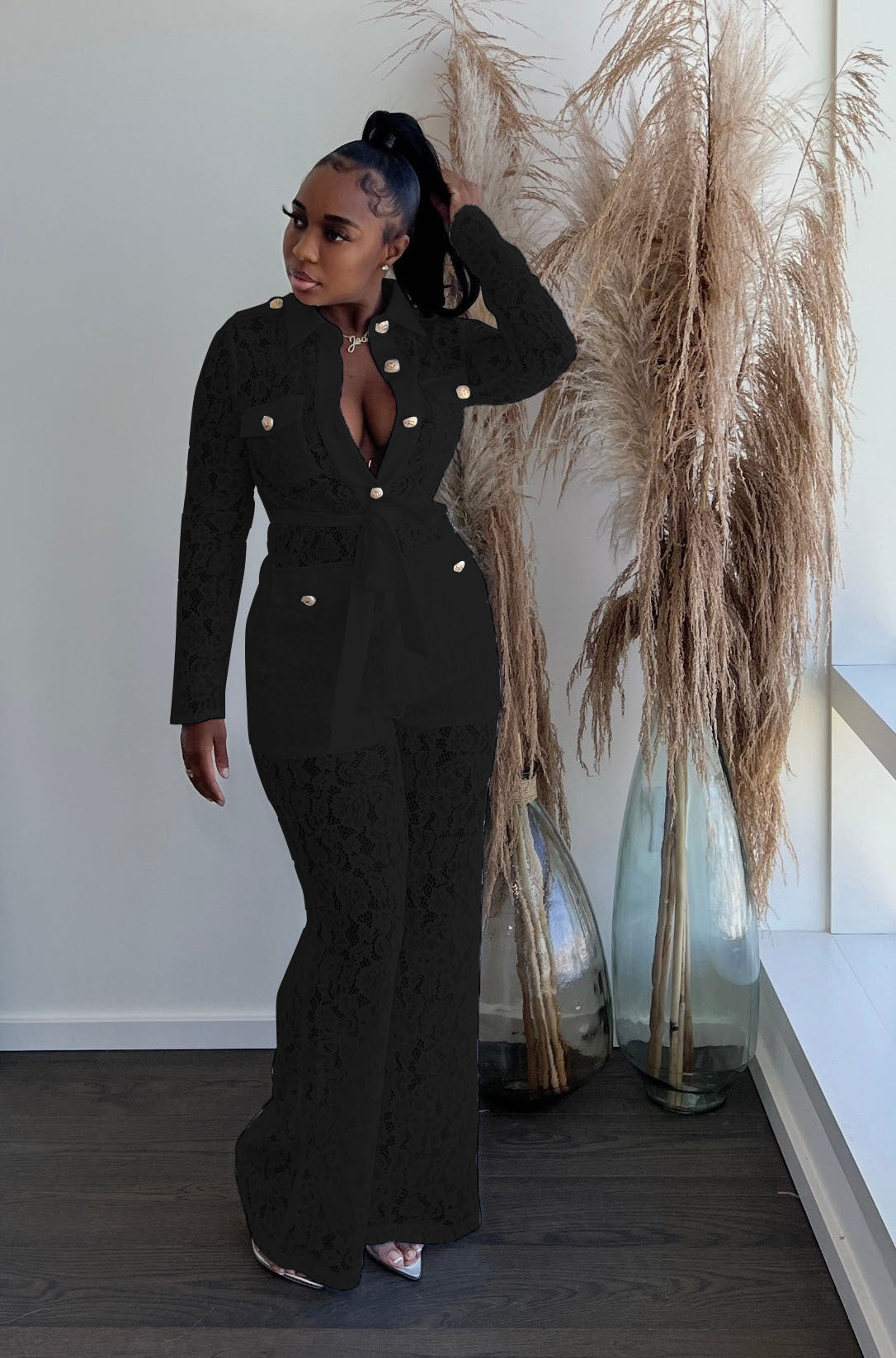 Women Fall Turndown Collar Long Sleeve Top and Pants Two-piece Set 3