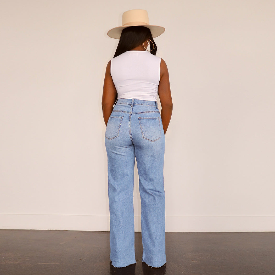 Women Ripped Denim Washed Wide Leg Straight Pants 10