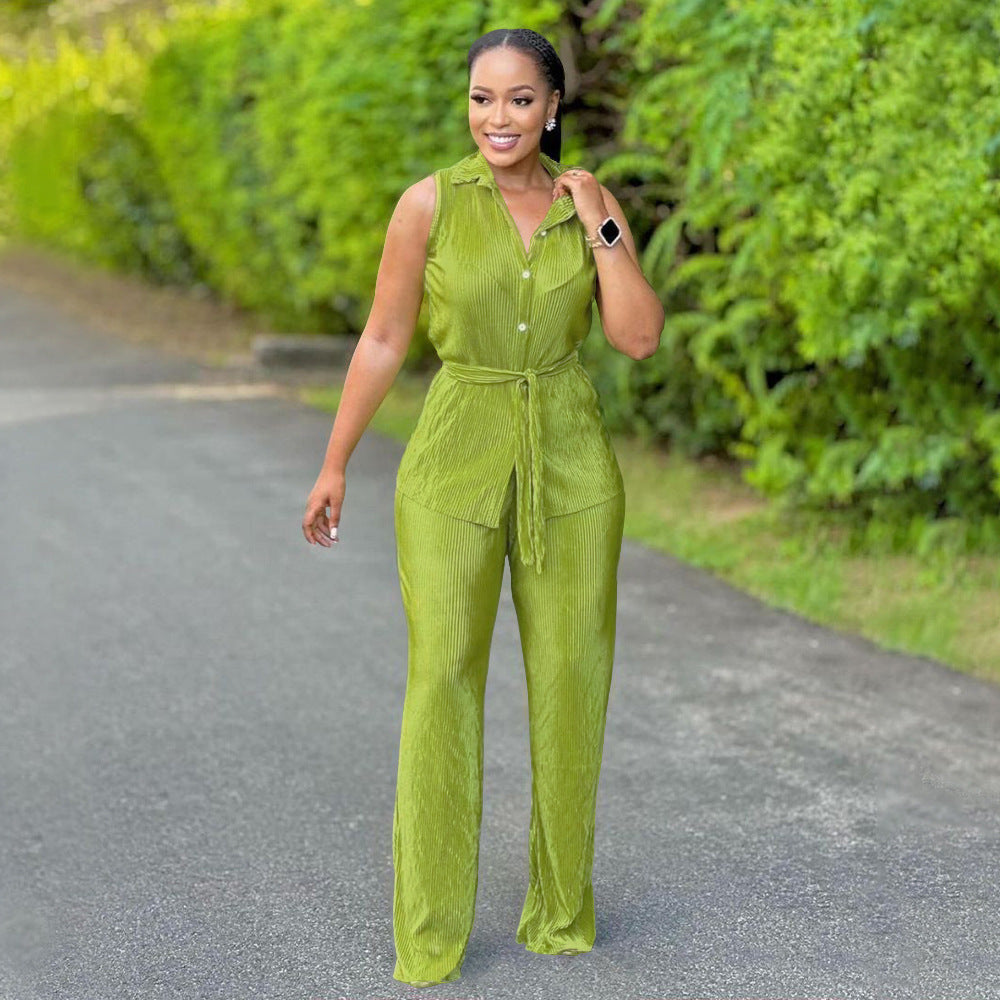 Fashionable Women's Sleeveless Pleated Casual Two Piece Pants Set 4