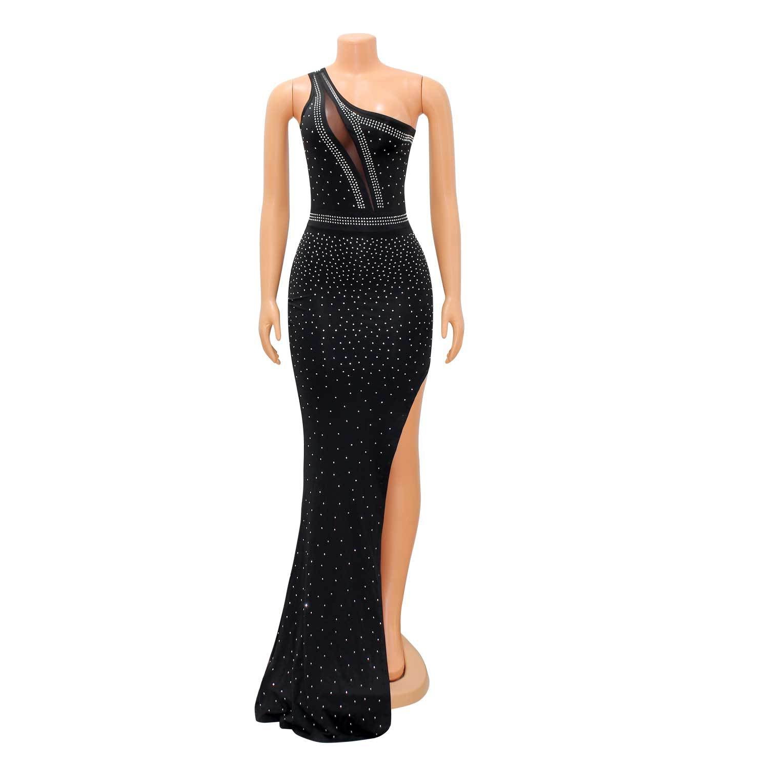 Summer Women'S Sexy One Shoulder Rhinestone Beaded Nightclub Long Dress 12