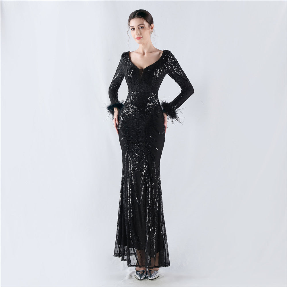 Women Positioning Flower Ostrich Feather Evening Dress 10