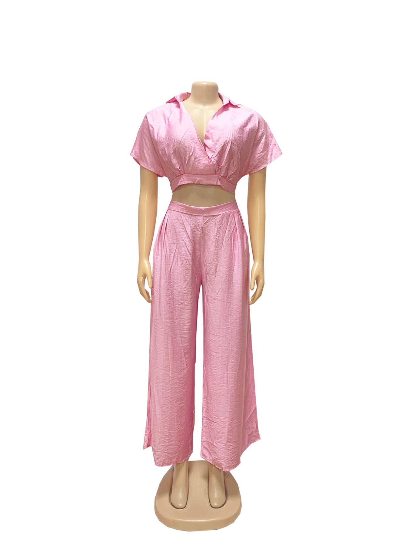 Women Casual Holidays Summer Turndown Collar Short Top & High-Waist Wide-Leg Pants Set 13