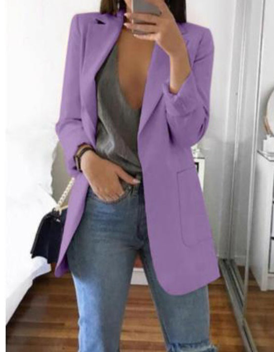 Spring Fall Women's Long Sleeve Plain Pocket Cardigan Blazer Jacket 17