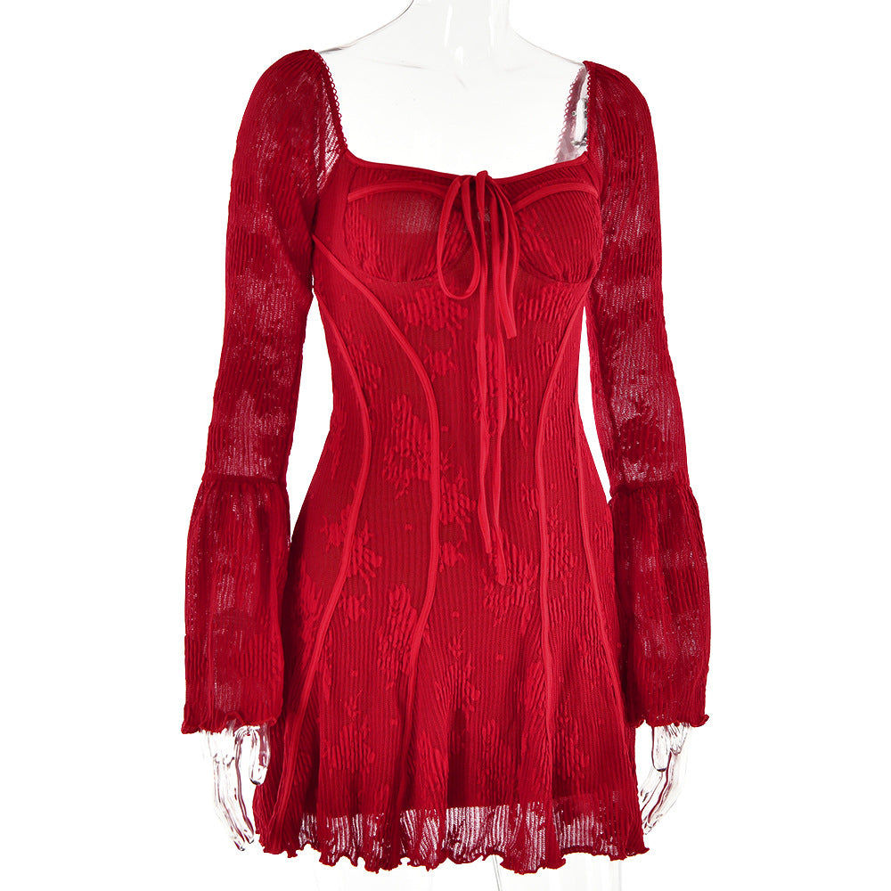 Spring Sexy Lace Bell Sleeve Long-Sleeve Low Back Bodycon Short Dress 11