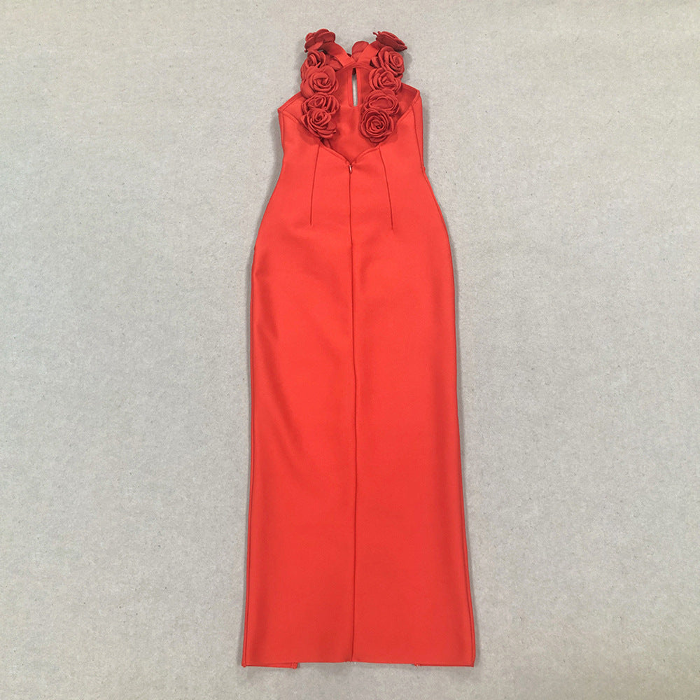 Women Sexy Sleeveless Backless Red Flower Bandage Dress 7