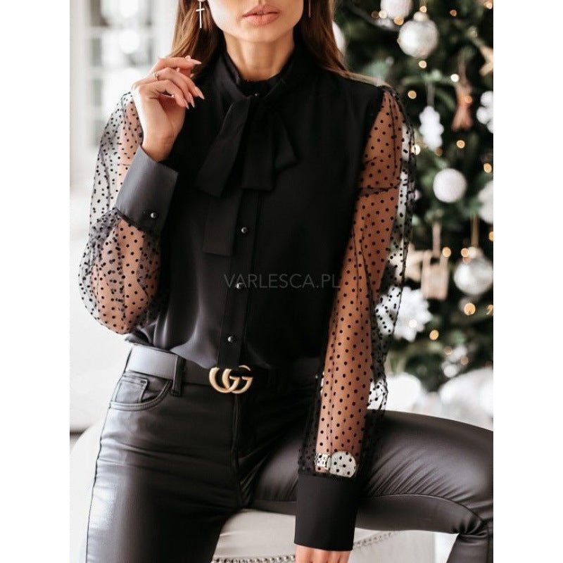 Autumn and winter fashion mesh patchwork button bow shirt women's clothing 6