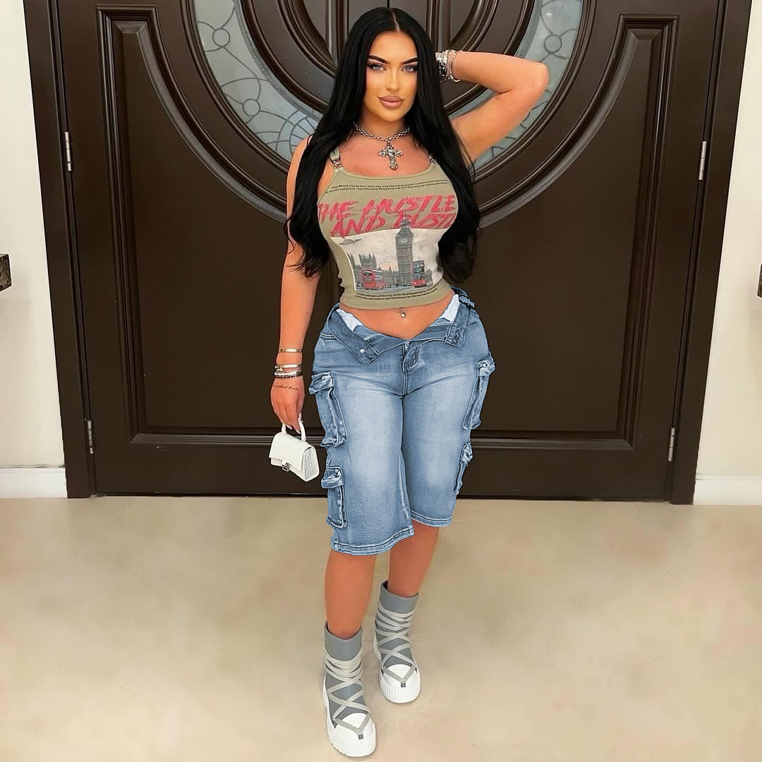 Women Summer Loose Casual Large Pocket Washed Shorts