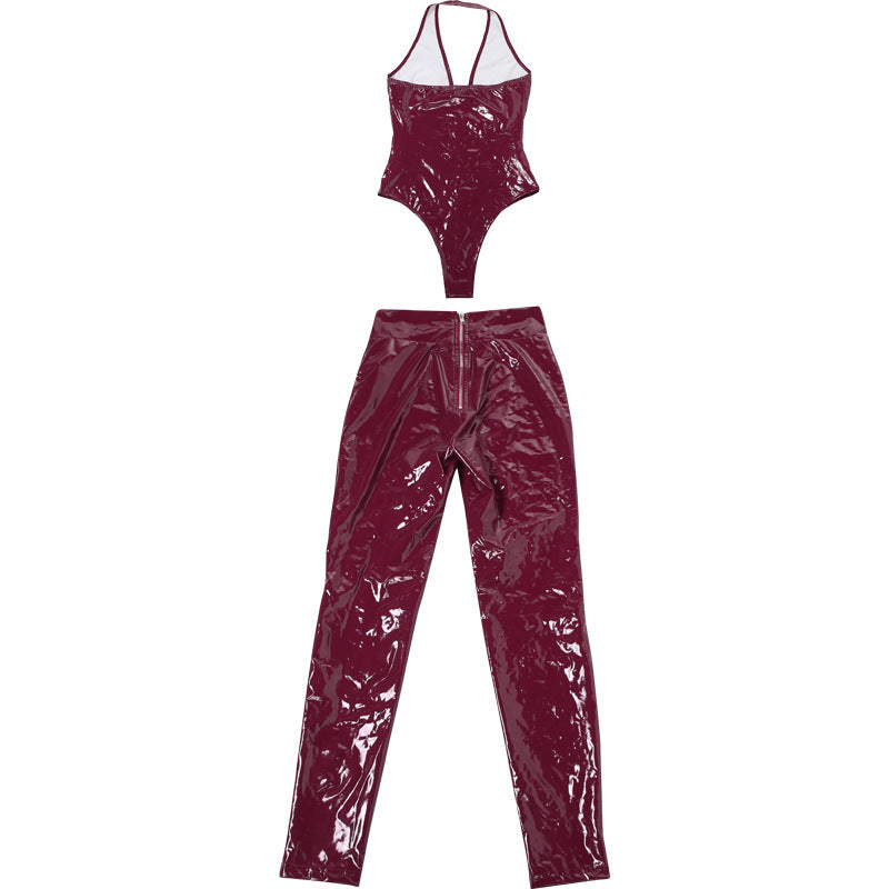 Women Sexy Pu Leather Halter Neck Backless Suspender Zipper Top and Pants Two-Piece Set 12