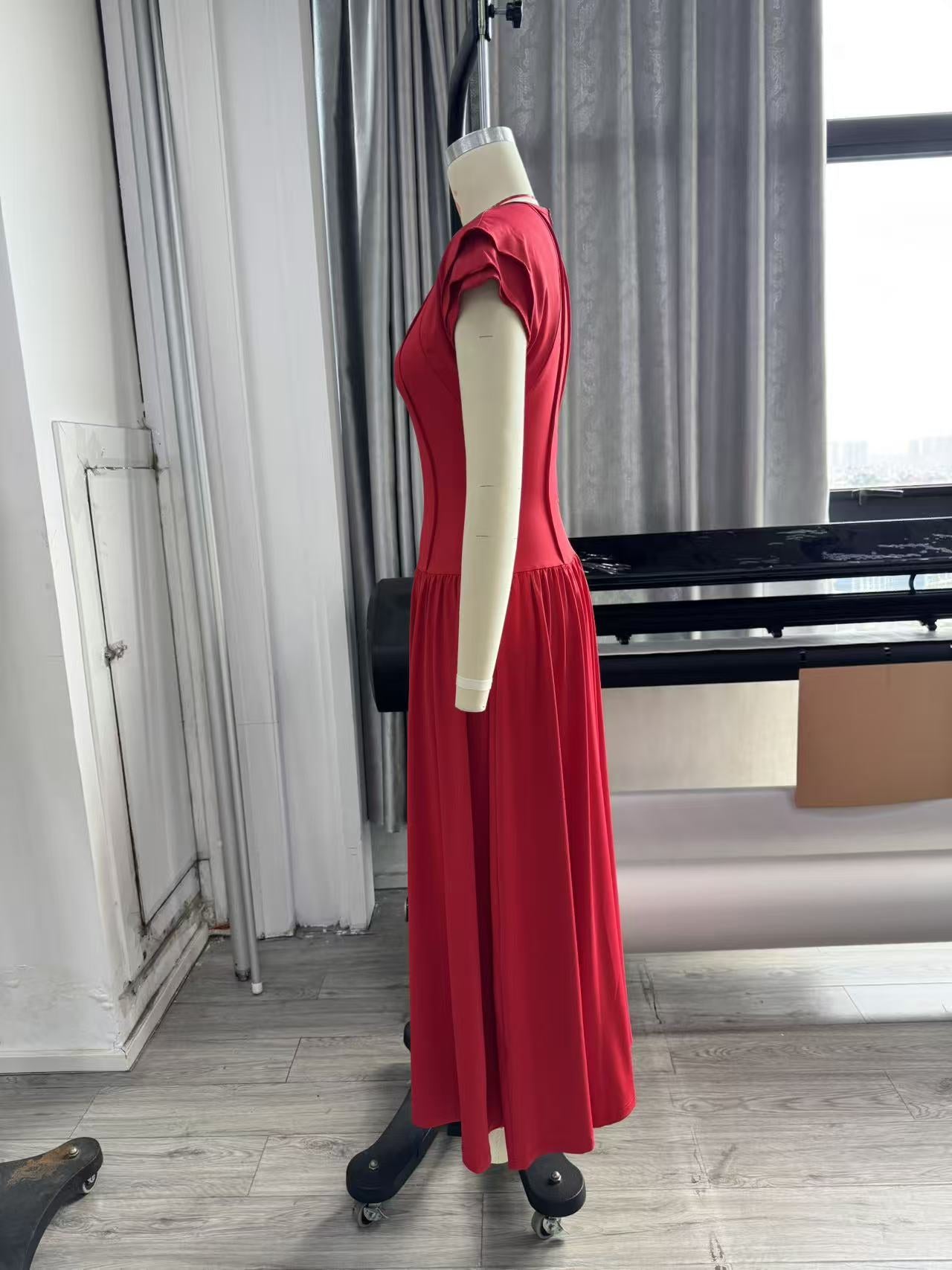 Elegant Career Stretch Slim Waist Ruffle Flutter Sleeve Midi Dress 6