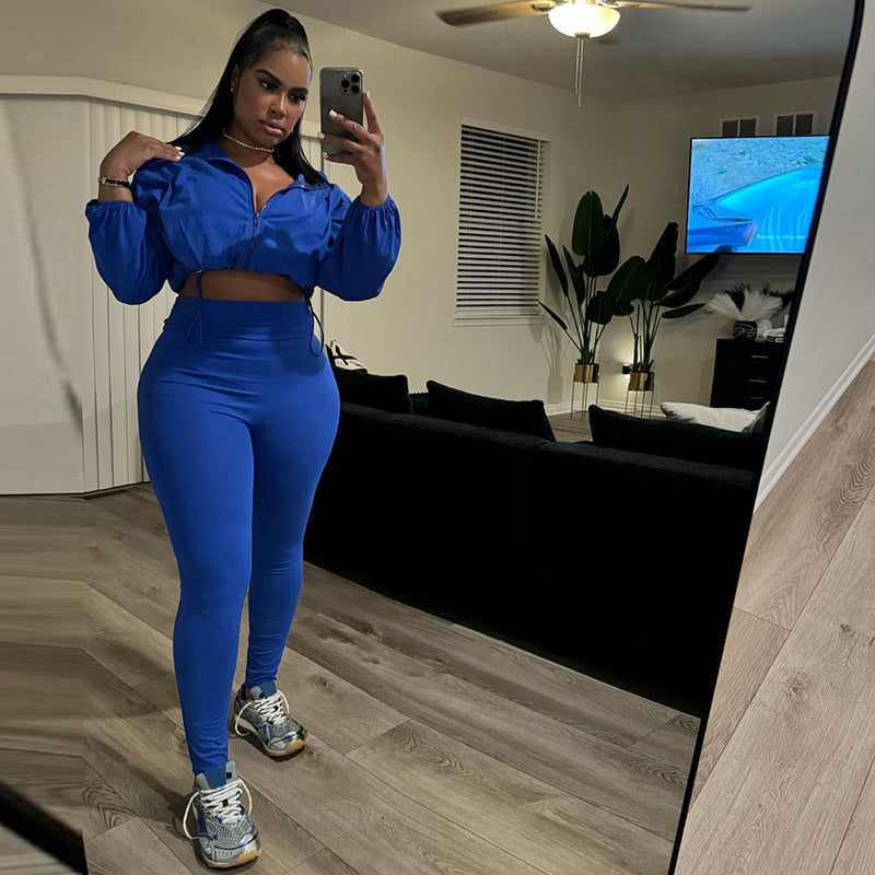 Spring And Autumn Sexy Drawstring Slim Waist Crop Top High Waist Tight Fitting Trousers Two Piece Set 12