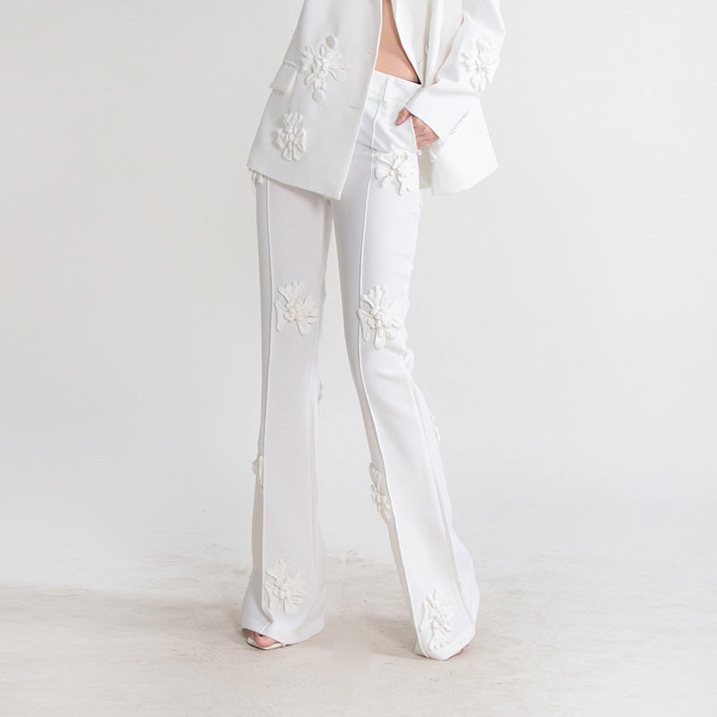 Women double-breasted floral Patchwork Blazer + high-waisted Bell Bottom pants two-piece set 15