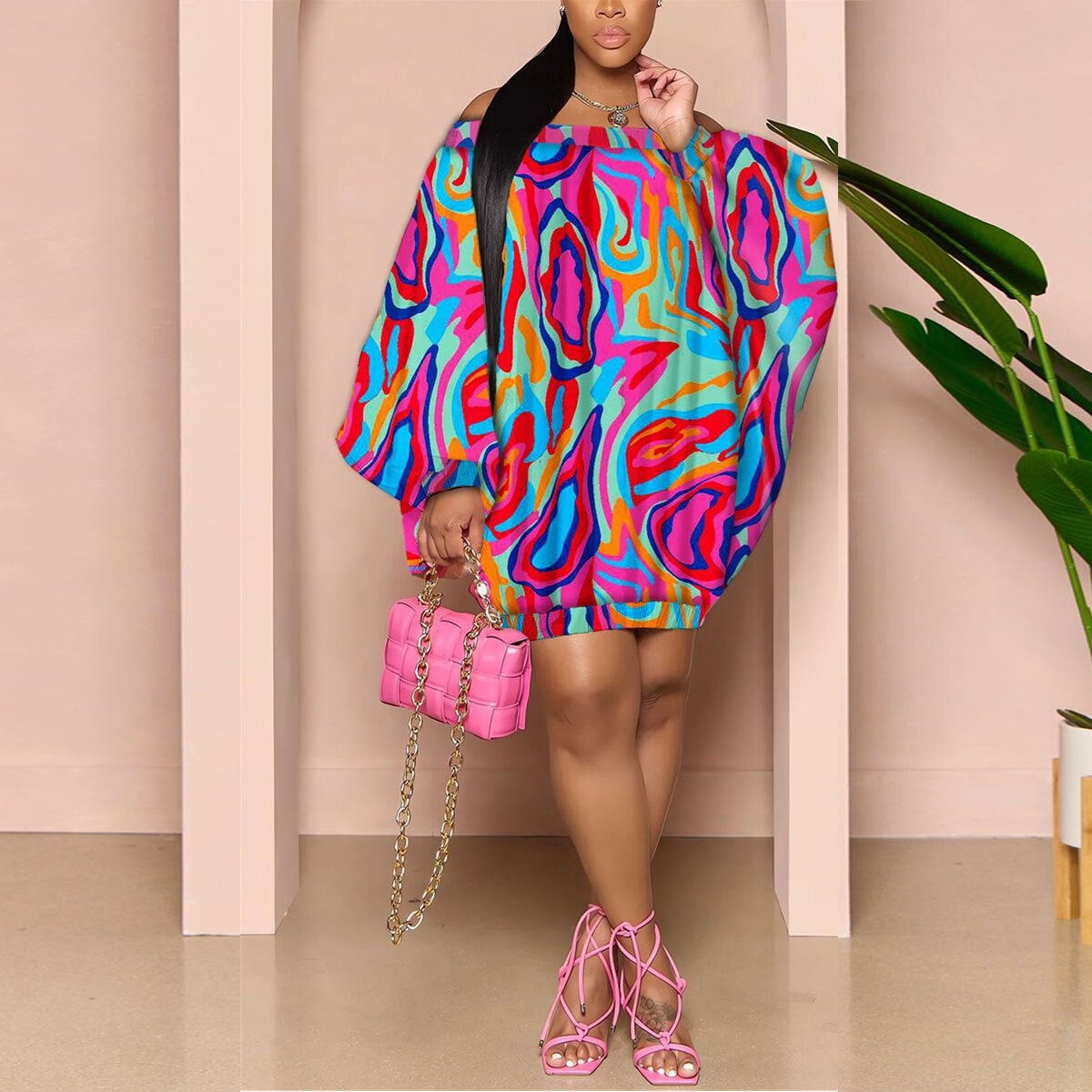 Sexy Off Shoulder Print Puff Sleeves Loose Dress 3