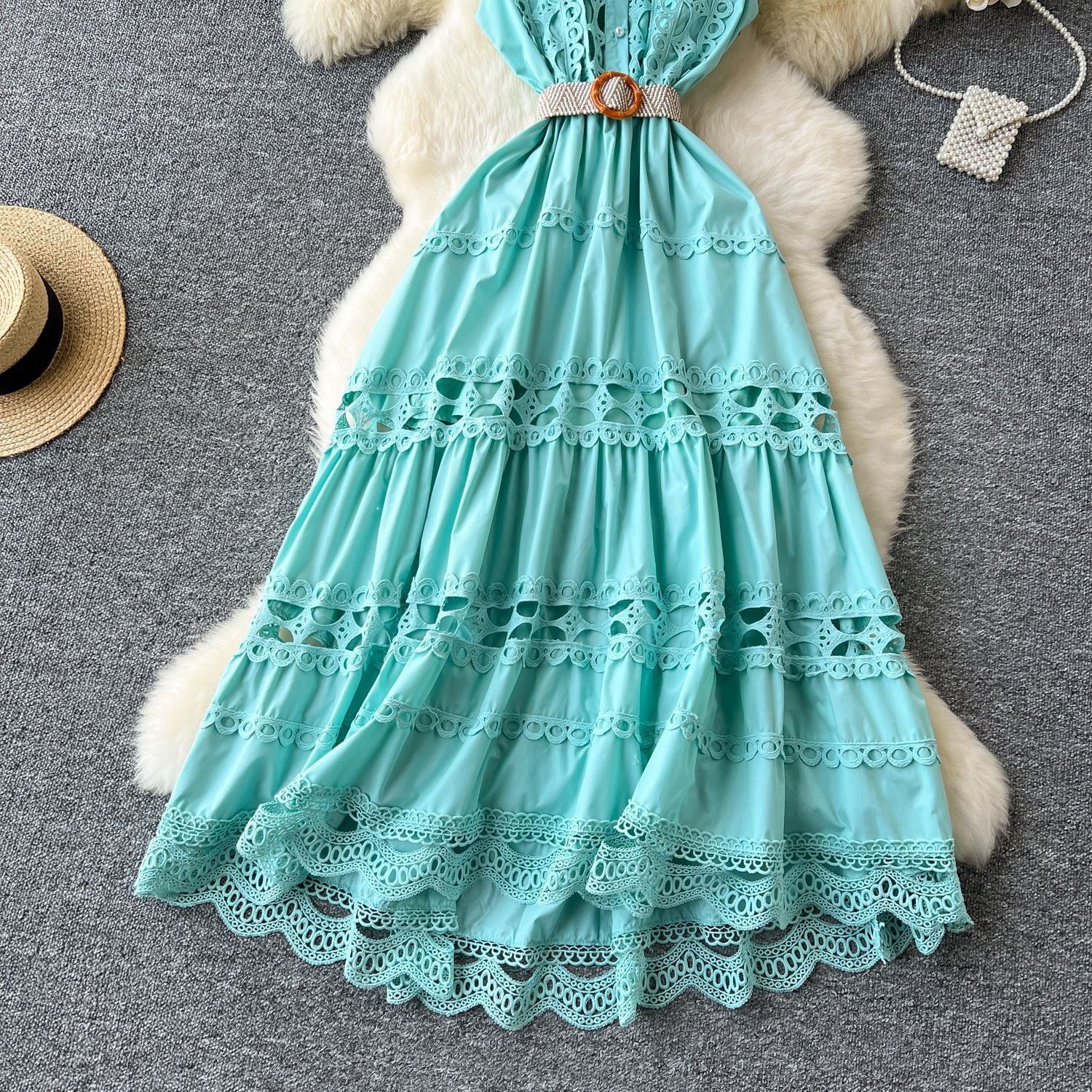 Women Vintage French Elegant Cutout Lace Patchwork Sleeveless Dress 16