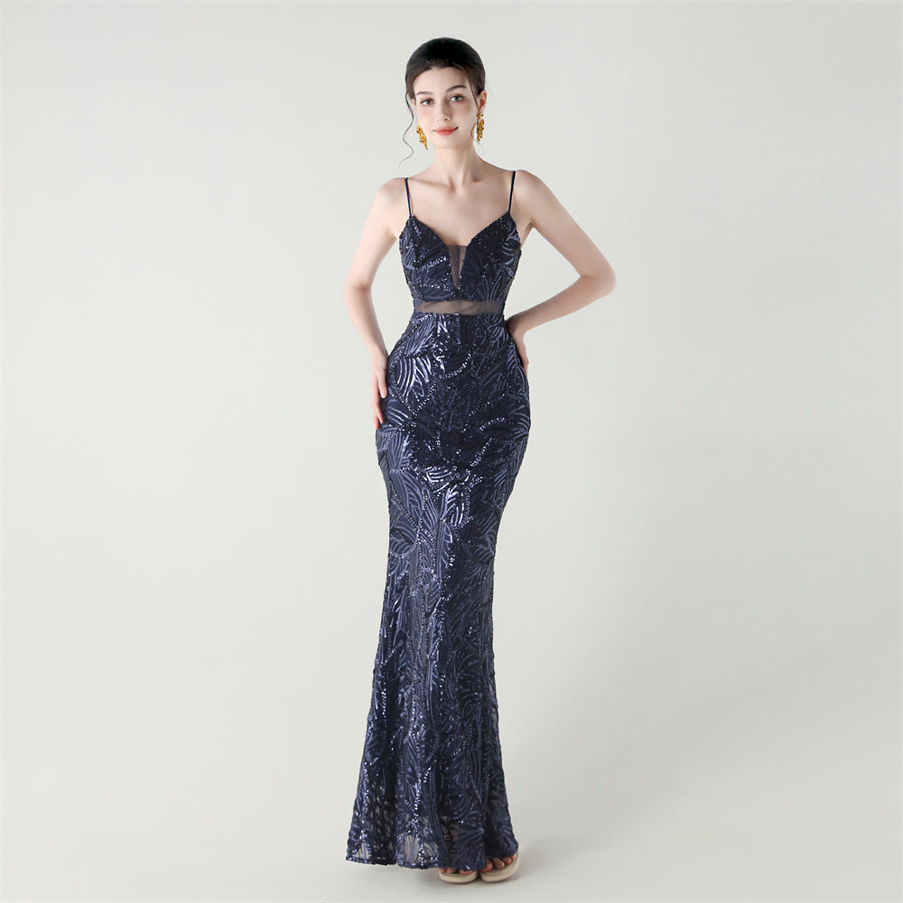 Women tulle Patchwork cross Lace-Up sequined Formal Party evening dress 13