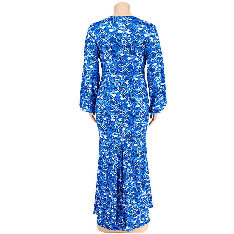 Plus Size Women'S Print V-Neck Fashion Long Sleeve Mermaid Long Dress 15
