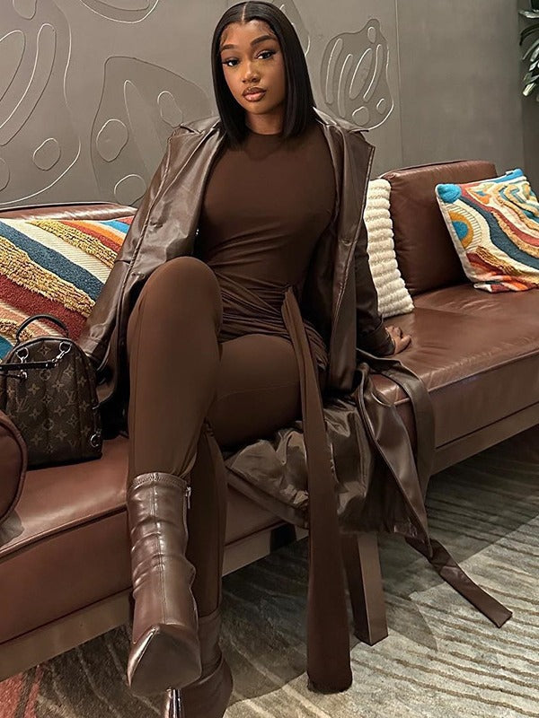 Women Solid Color One-Piece Lace-Up Round Neck Long Sleeve Tight Fitting Fitness Jumpsuit 5