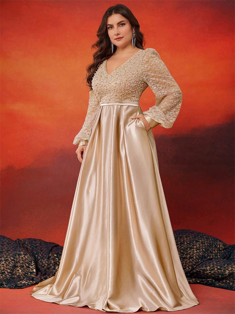Plus Size Women Sequin Contrast Color Satin Long Sleeve V Neck Elegant Dinner Ball Evening Dress 8