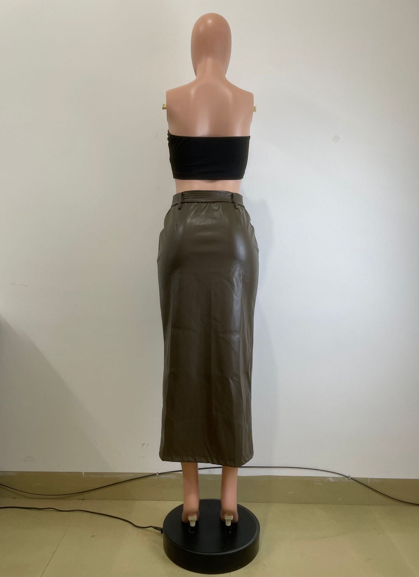 Autumn And Winter Mid-Length Black Pu Buckle Slit  Casual Leather Skirt With Belt 26