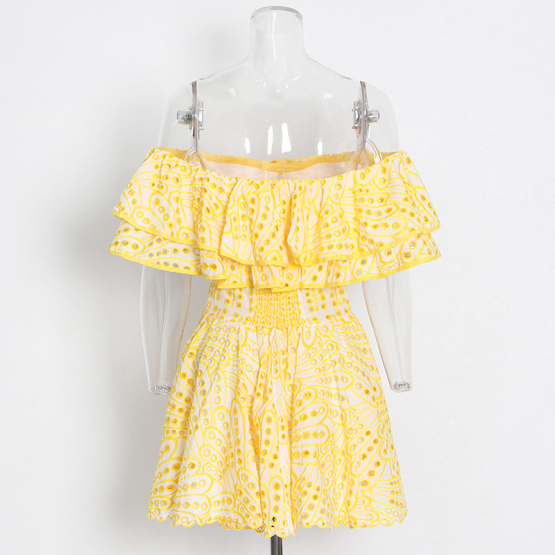 Women Holidays Off Shoulder Embroidered Ruffle Dress 6