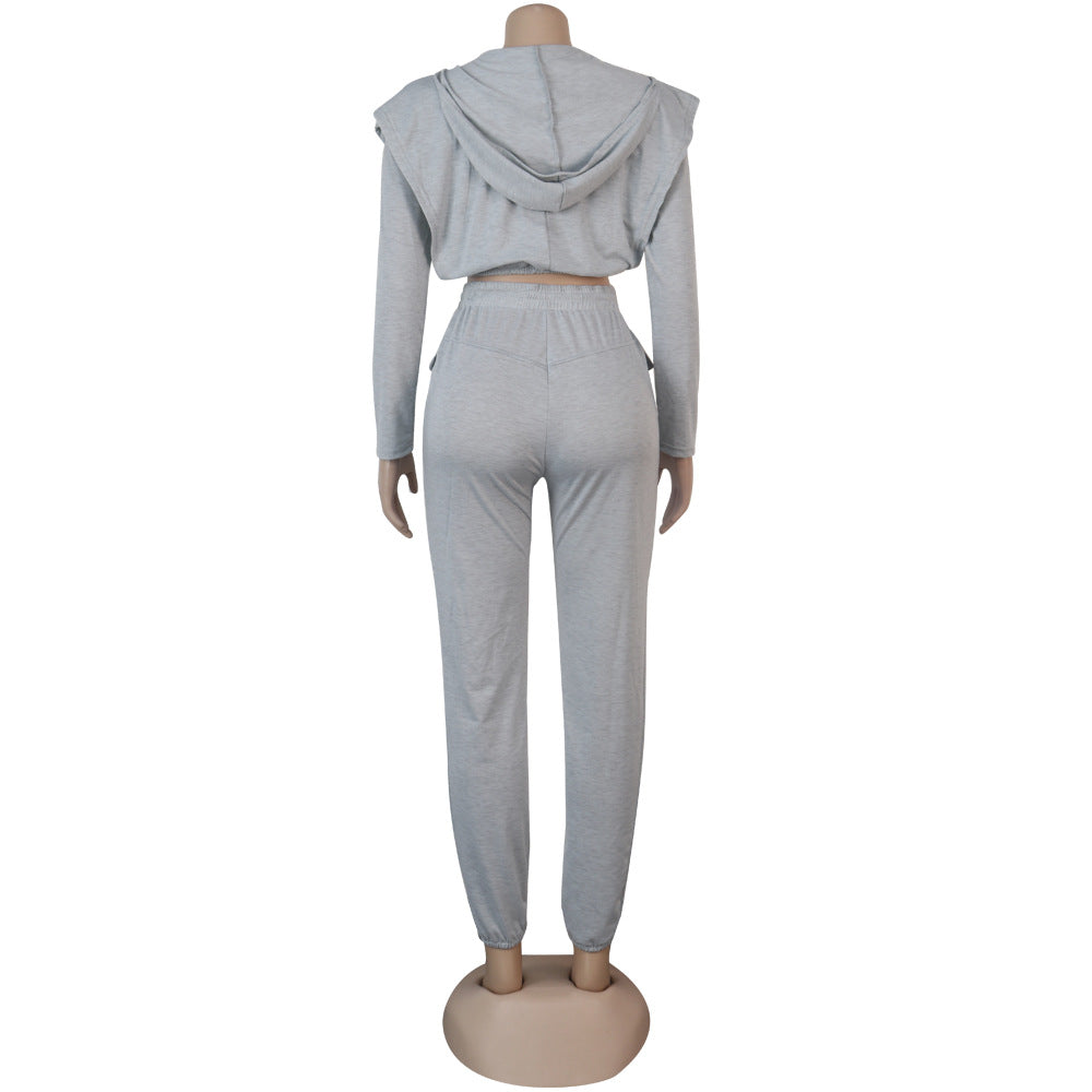 Women Sexy Zip with Cap Long Sleeve Top + Trousers Two-piece Set 15