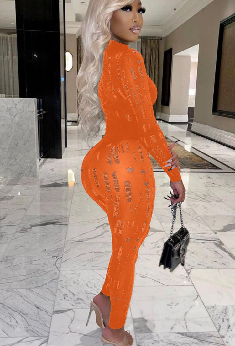 Spring Orange Sexy Hollow Out Tight Top and Pants Two Piece Set
