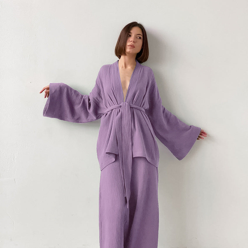 Spring Pajamas Sleepwear Long Sleeve Top Loose Trousers Ladies Solid Color Nightgown Home Absorbent Sweat Steaming Clothes Women 25