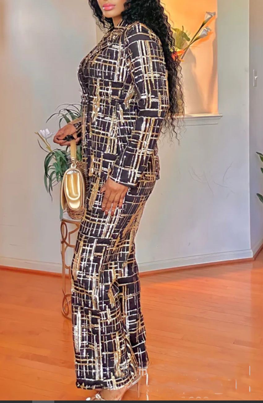African Women's Autumn And Winter Sequin Embroidered Fashion Casual Long Sleeve Two Piece Suit 4