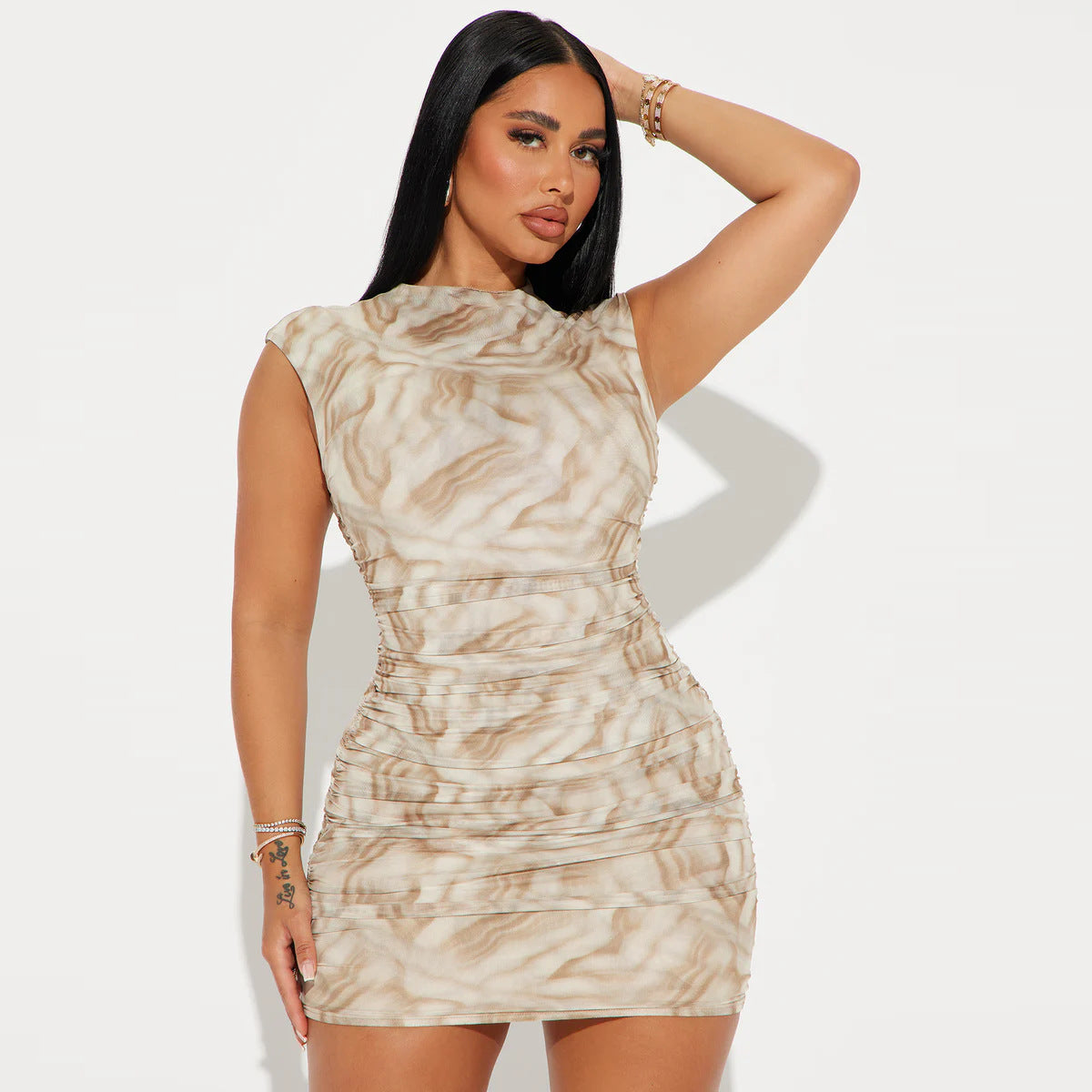 Women's Summer Pleated Sleeveless Printed Slim Waist Dress